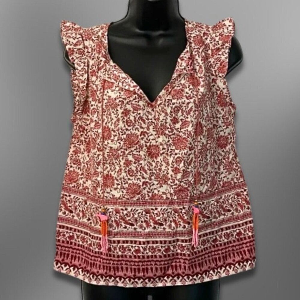 C&C California Ruffled Cap Sleeve Top V-neck with Tassel Details Red White S NWT